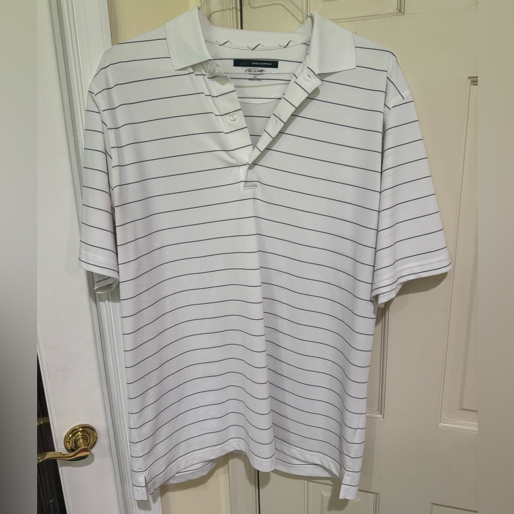 Greg Norman Play Dry Polo Shirt | Men’s Size L | White with Black Stripe